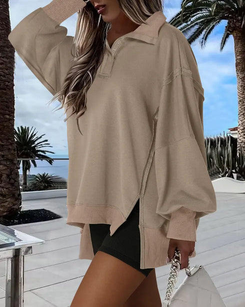 Polo Collar Long Sleeve Sweatshirt Loose Fit Side Slit Dip Hem Casual Top khaki
