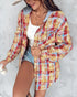 Colorblock Plaid Print Hooded Distressed Button Front Coat Shacket Multicolor