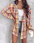 Colorblock Plaid Print Hooded Distressed Button Front Coat Shacket Multicolor