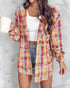 Colorblock Plaid Print Hooded Distressed Button Front Coat Shacket Multicolor