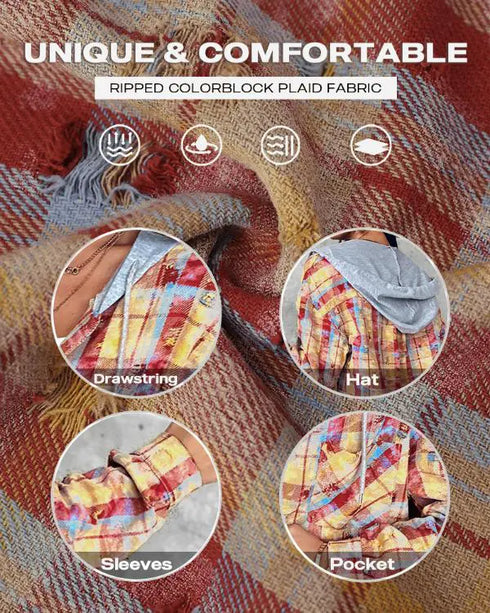 Colorblock Plaid Print Hooded Distressed Button Front Coat Shacket Multicolor