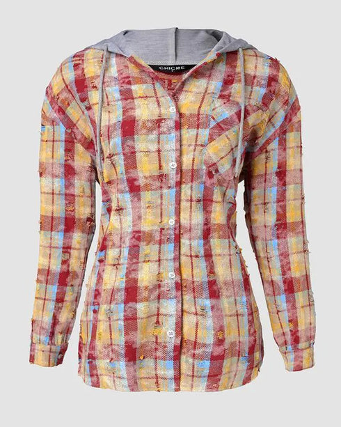 Colorblock Plaid Print Hooded Distressed Button Front Coat Shacket Multicolor