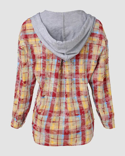 Colorblock Plaid Print Hooded Distressed Button Front Coat Shacket Multicolor