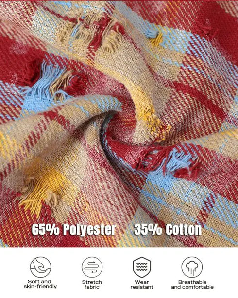 Colorblock Plaid Print Hooded Distressed Button Front Coat Shacket Multicolor