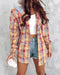 Colorblock Plaid Print Hooded Distressed Button Front Coat Shacket Multicolor