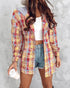 Colorblock Plaid Print Hooded Distressed Button Front Coat Shacket Multicolor
