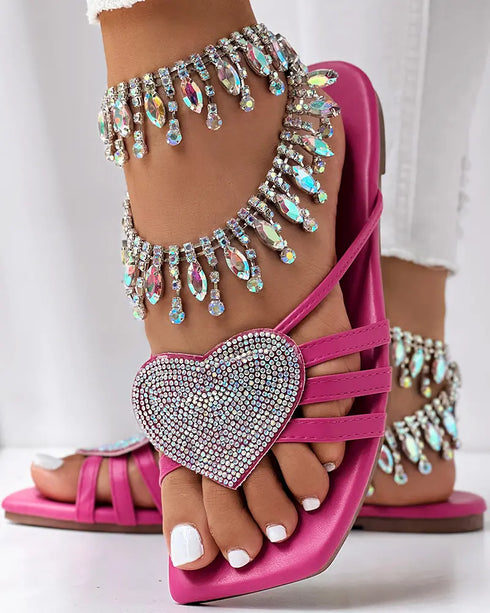 Heart Pattern Rhinestone Decor Slippers hot pink