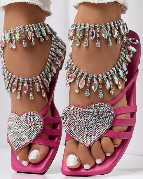 Heart Pattern Rhinestone Decor Slippers hot pink