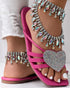 Heart Pattern Rhinestone Decor Slippers hot pink
