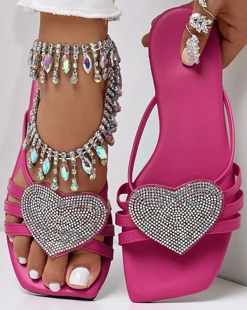 Heart Pattern Rhinestone Decor Slippers hot pink