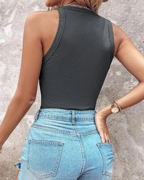 O-Neck Sleeveless Basic Slim Fit Skinny Tank Casual Top(Without Pads) Dark grey