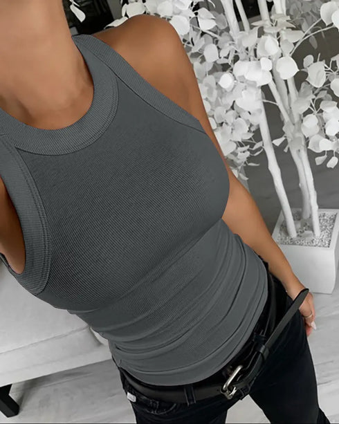 O-Neck Sleeveless Basic Slim Fit Skinny Tank Casual Top(Without Pads) Dark grey
