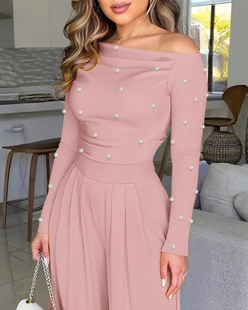 Pearls Decor Skew Neck Long Sleeve Cinched Waist Overalls Casual Ruched Zipper Back Wide Leg Jumpsuit pink