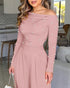 Pearls Decor Skew Neck Long Sleeve Cinched Waist Overalls Casual Ruched Zipper Back Wide Leg Jumpsuit pink