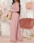 Pearls Decor Skew Neck Long Sleeve Cinched Waist Overalls Casual Ruched Zipper Back Wide Leg Jumpsuit pink