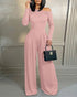 Pearls Decor Skew Neck Long Sleeve Cinched Waist Overalls Casual Ruched Zipper Back Wide Leg Jumpsuit pink