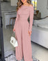 Pearls Decor Skew Neck Long Sleeve Cinched Waist Overalls Casual Ruched Zipper Back Wide Leg Jumpsuit pink