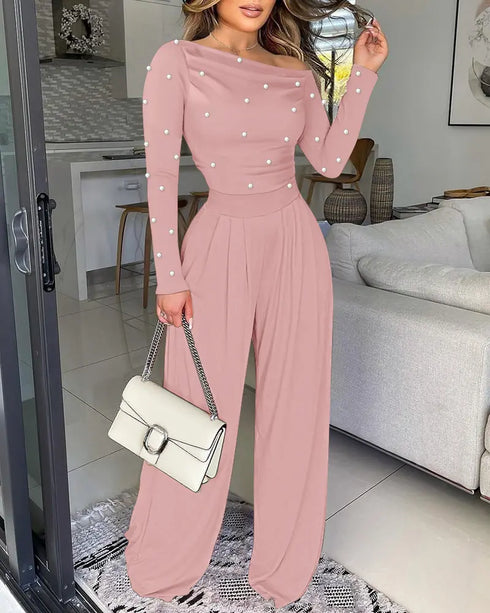 Pearls Decor Skew Neck Long Sleeve Cinched Waist Overalls Casual Ruched Zipper Back Wide Leg Jumpsuit pink