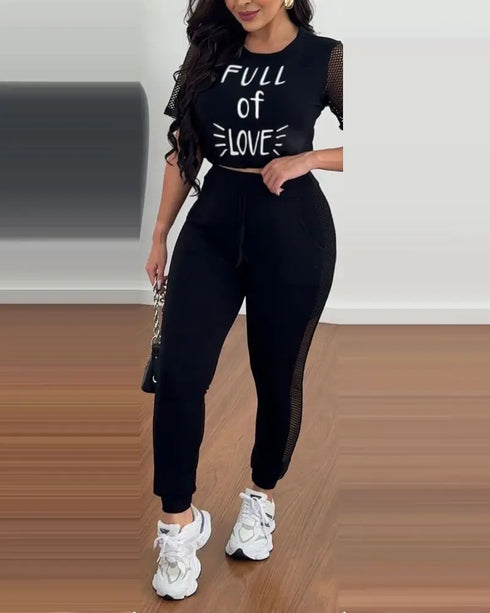 2 Pieces Letter Print Round Neck Sheer Mesh Patchwork Top and Casual Pocket Design Slim Fit Pants Set black