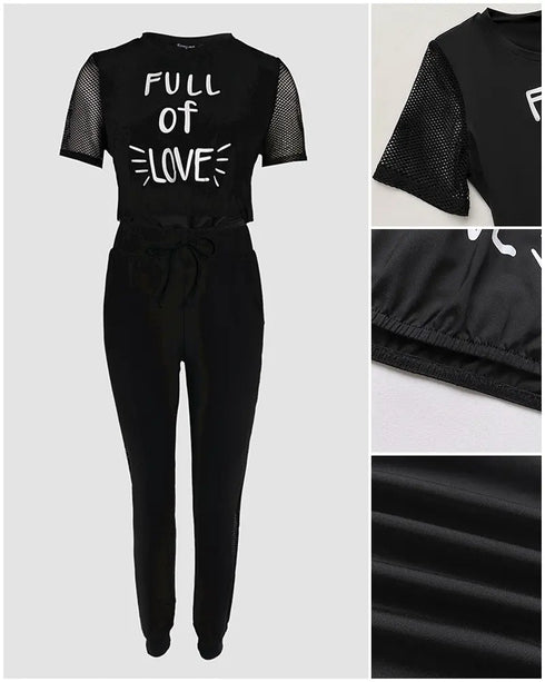 2 Pieces Letter Print Round Neck Sheer Mesh Patchwork Top and Casual Pocket Design Slim Fit Pants Set black
