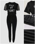 2 Pieces Letter Print Round Neck Sheer Mesh Patchwork Top and Casual Pocket Design Slim Fit Pants Set black