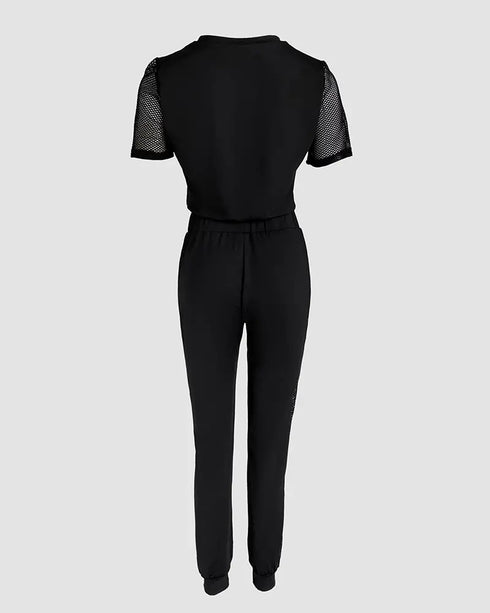 2 Pieces Letter Print Round Neck Sheer Mesh Patchwork Top and Casual Pocket Design Slim Fit Pants Set black