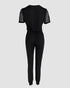 2 Pieces Letter Print Round Neck Sheer Mesh Patchwork Top and Casual Pocket Design Slim Fit Pants Set black