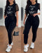 2 Pieces Letter Print Round Neck Sheer Mesh Patchwork Top and Casual Pocket Design Slim Fit Pants Set black