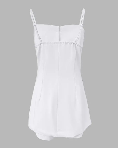 Bandeau Spaghetti Strap Golden-Button Back Shirred Top with Casual Shorts Set white