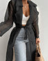 Notched Collar Long Sleeve Double Breasted Sheer Mesh Jacket Casual Longline Trench Coat with Belt black