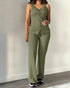 2 Pieces Outfit V-Neck Sleeveless Button Front Vest Top and Elastic Waist Slightly Flared Pants Set Casual Ribbed Brushed Loungewear green