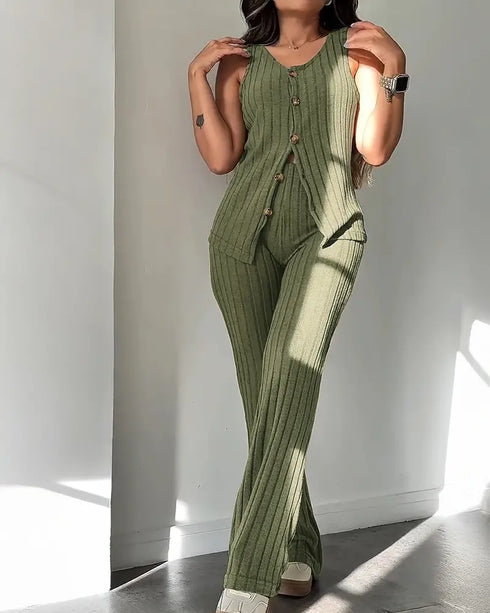 2 Pieces Outfit V-Neck Sleeveless Button Front Vest Top and Elastic Waist Slightly Flared Pants Set Casual Ribbed Brushed Loungewear green