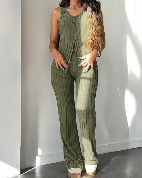 2 Pieces Outfit V-Neck Sleeveless Button Front Vest Top and Elastic Waist Slightly Flared Pants Set Casual Ribbed Brushed Loungewear green