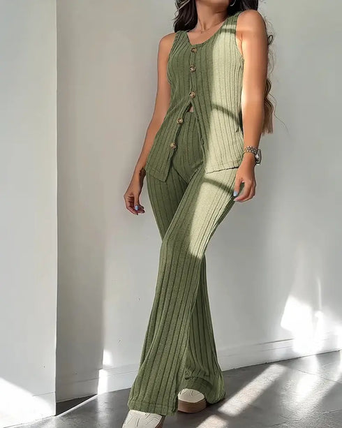 2 Pieces Outfit V-Neck Sleeveless Button Front Vest Top and Elastic Waist Slightly Flared Pants Set Casual Ribbed Brushed Loungewear green