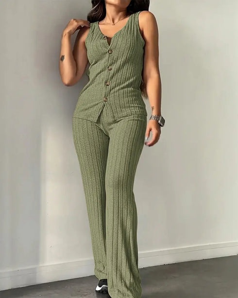 2 Pieces Outfit V-Neck Sleeveless Button Front Vest Top and Elastic Waist Slightly Flared Pants Set Casual Ribbed Brushed Loungewear green