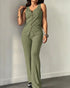 2 Pieces Outfit V-Neck Sleeveless Button Front Vest Top and Elastic Waist Slightly Flared Pants Set Casual Ribbed Brushed Loungewear green