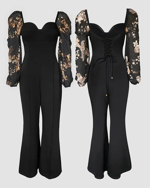 Sweetheart Neck Sequin Floral Mesh Sleeves Lace-up Back Jumpsuit Casual Backless Seam Front Flared Jumpsuit black