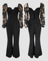 Sweetheart Neck Sequin Floral Mesh Sleeves Lace-up Back Jumpsuit Casual Backless Seam Front Flared Jumpsuit black