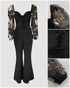 Sweetheart Neck Sequin Floral Mesh Sleeves Lace-up Back Jumpsuit Casual Backless Seam Front Flared Jumpsuit black