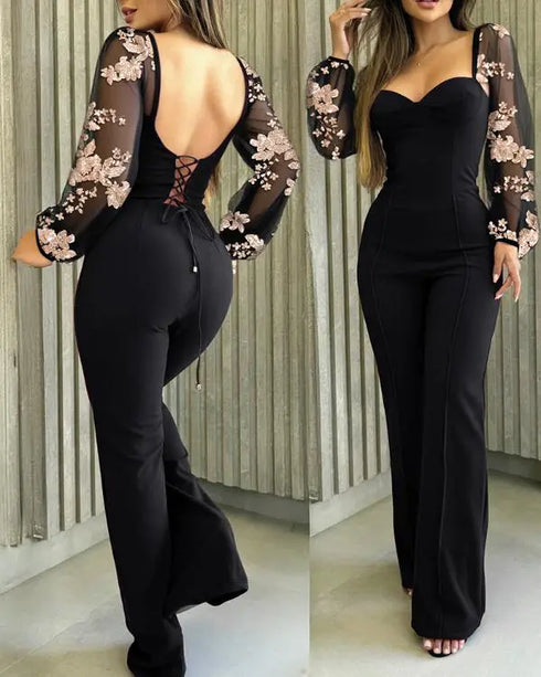 Sweetheart Neck Sequin Floral Mesh Sleeves Lace-up Back Jumpsuit Casual Backless Seam Front Flared Jumpsuit black