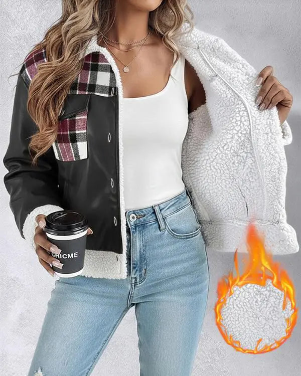 PU Leather Plaid Print Spliced Turn-down Collar Button Front Thermal Lined Jacket Casual Faux Shearling Trim Flap Pockets Design Crop Warm Coat black