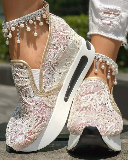 Sequin Slip On Muffin Sneakers gold&white