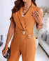 2 Pieces Outfit Sleeveless Notched Collar Single Button Front Crop Vest and Casual Metal Decor Wrap Front High Waist Wide Leg Faux Two Piece Pants Set brown