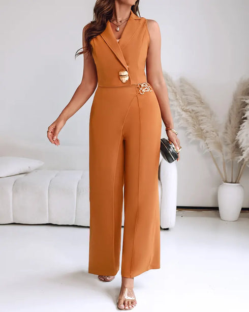 2 Pieces Outfit Sleeveless Notched Collar Single Button Front Crop Vest and Casual Metal Decor Wrap Front High Waist Wide Leg Faux Two Piece Pants Set brown