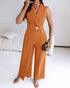 2 Pieces Outfit Sleeveless Notched Collar Single Button Front Crop Vest and Casual Metal Decor Wrap Front High Waist Wide Leg Faux Two Piece Pants Set brown