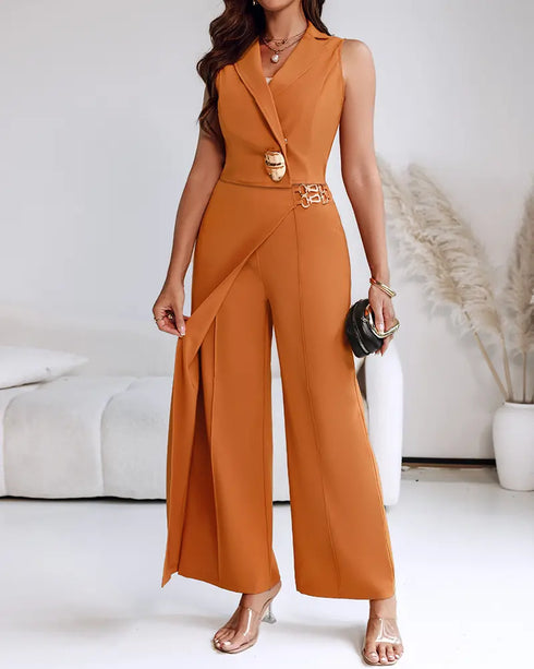 2 Pieces Outfit Sleeveless Notched Collar Single Button Front Crop Vest and Casual Metal Decor Wrap Front High Waist Wide Leg Faux Two Piece Pants Set brown