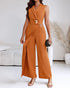 2 Pieces Outfit Sleeveless Notched Collar Single Button Front Crop Vest and Casual Metal Decor Wrap Front High Waist Wide Leg Faux Two Piece Pants Set brown