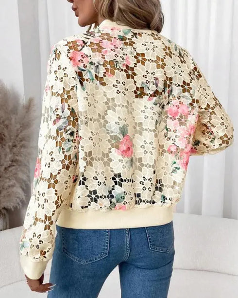 Floral Print Zip Up Water-Soluble Lace Baseball Coat Casual Hollow-out Bomber Crop Jacket Apricot