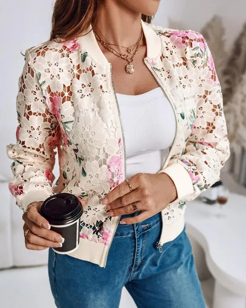 Floral Print Zip Up Water-Soluble Lace Baseball Coat Casual Hollow-out Bomber Crop Jacket Apricot