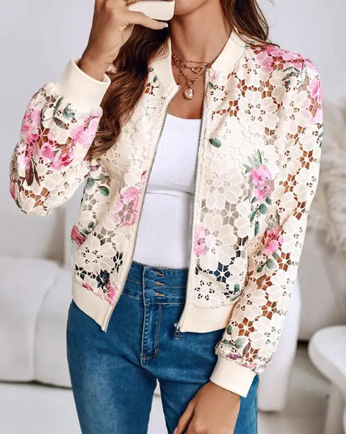 Floral Print Zip Up Water-Soluble Lace Baseball Coat Casual Hollow-out Bomber Crop Jacket Apricot